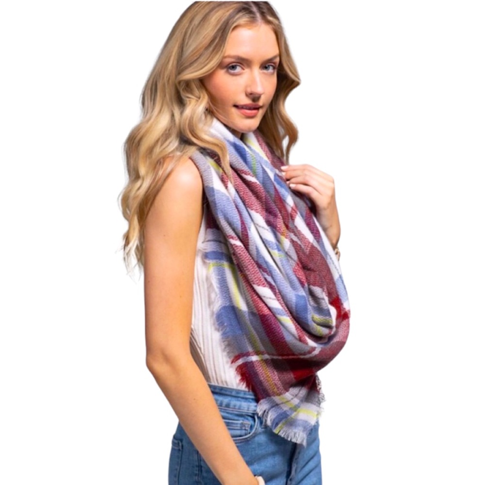 Ruggine Plaid Scarf/Wrap ~ Dusty Red, White & Blue by